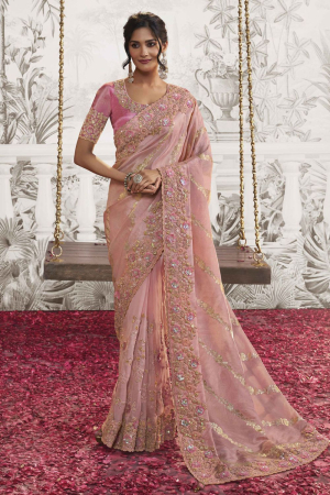 Carnation Pink Embroidered Viscose Jacquard Designer Saree
