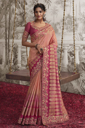 Coral Pink and Cherry Pink Embroidered Viscose Jacquard Designer Saree