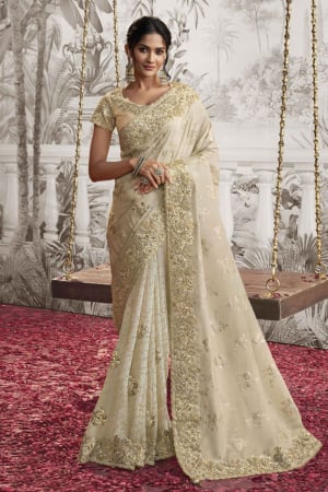 Ivory Embroidered Viscose Jacquard Designer Saree