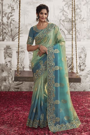 Mint and Teal Blue Embroidered Viscose Jacquard Designer Saree