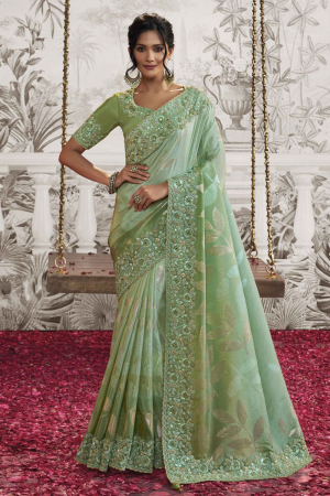Mint Green Embroidered Viscose Jacquard Designer Saree
