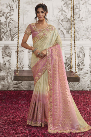 Off White and Pink Embroidered Viscose Jacquard Designer Saree