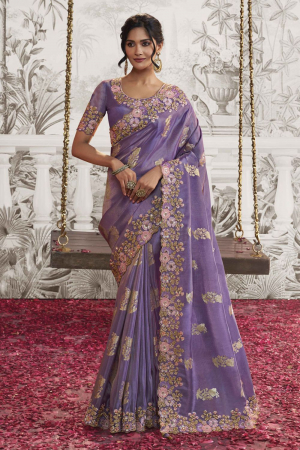 Purple Embroidered Viscose Jacquard Designer Saree