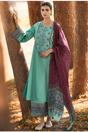 Mint Blue Embroidered Pure Cotton Satin Palazzo Kameez