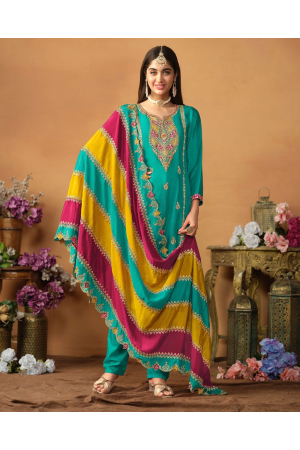 Rama Green Embroidered Chinnon Silk Plus Size Suit
