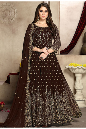 Coffe Brown Embroidered Georgette Anarkali Suit