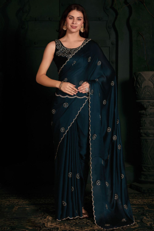 Peacock Blue Pure Satin Georgette Party Wear Saree