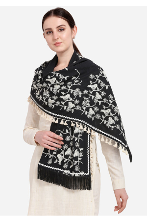 Black Embroidered Hand Spun Cotton Stole