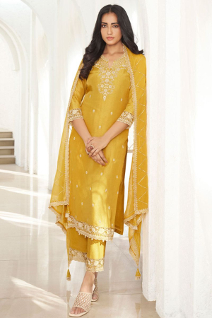 Amber Yellow Kurta Suit Set with Floral Pattern Thread Work 