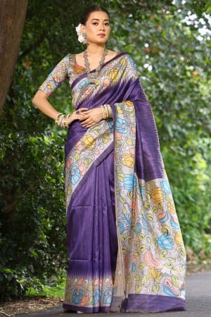 Amethyst Purple Cotton Silk Saree with Floral Print Pallu