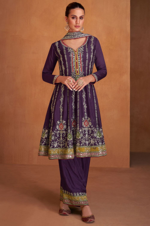 Amethyst Purple Embroidered Chinnon Trouser Kameez for Festival