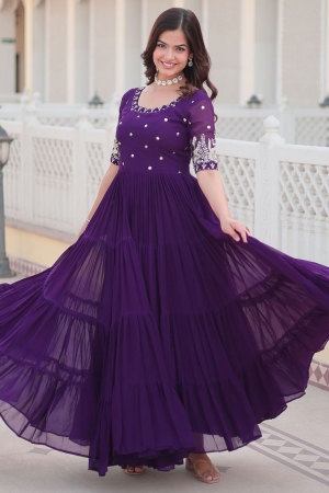 Amethyst Purple Zari Embroidered Faux Georgette Gown