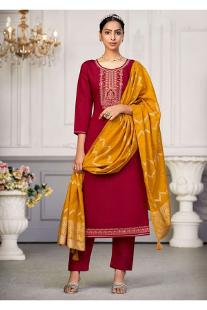 Cherry Red Embroidered Silk Cotton Pant Kameez
