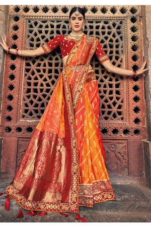 Sunset Orange Silk Designer Saree