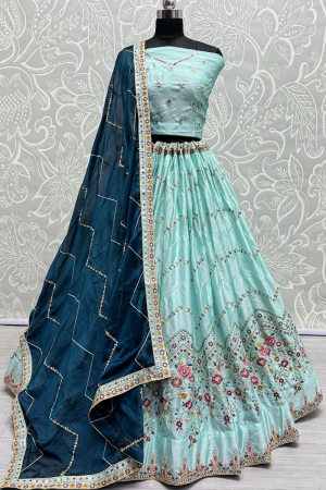 Aqua Blue Embroidered Silk Lehenga Choli for Wedding