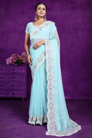 Aqua Blue Embroidered Silk Shimmer Saree