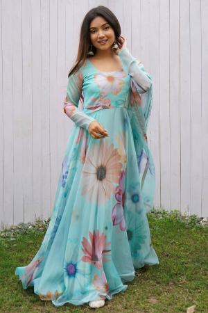 Aqua Blue Flared Anarkali Gown with Dupatta