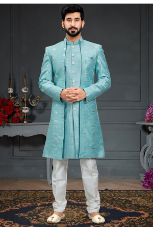 Aqua Blue Imported Silk Indo Western Outfit
