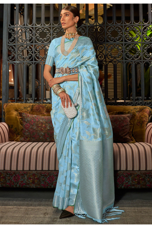 Aqua Blue Pure Handloom Weaving Silk Saree