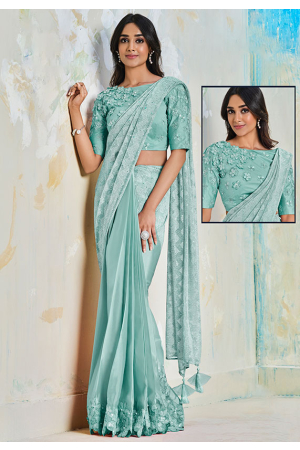 Aqua Blue Satin Silk Designer Saree