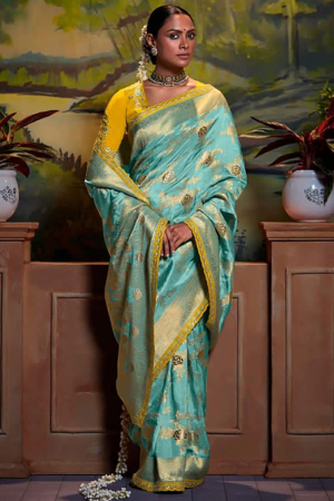 Aqua Blue Silk Designer Saree with Embroidered Blouse