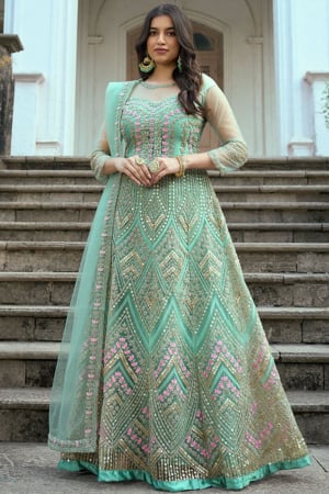 Aqua Mint Designer Embroidered Net Anarkali Suit