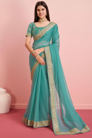 Aqua Mint Organza Saree with Embroidered Blouse