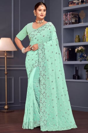 Aqua Mint Resham Embroidered Georgette Saree