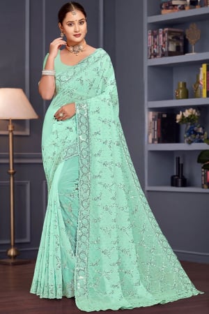 Aqua Mint Resham Embroidered Georgette Saree