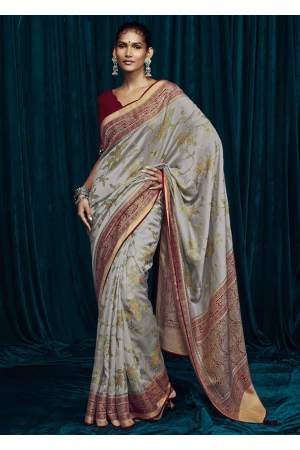 Ash Grey Brasso Saree with Embroidered Blouse