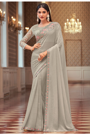 Ash Grey Embroidered Georgette Saree