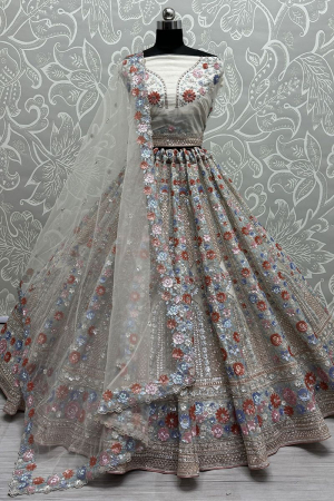 Ash Grey Embroidered Net Bridal Lehenga Choli
