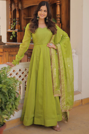 Avocado Green Flared Silk Gown with Embroidered Dupatta