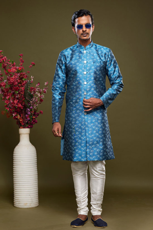Azure Blue Banarasi Jacquard Indo Western Outfit