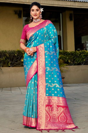 Azure Blue Banarasi Silk Woven Saree