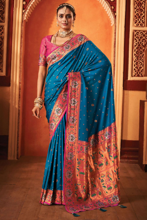 Azure Blue Banarasi Silk Zari Woven Saree