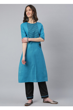 Azure Blue Embroidered Cotton Silk Kurti with Pant