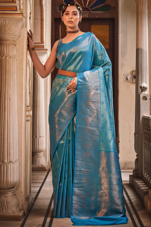 Azure Blue Handloom Weaving Silk Saree