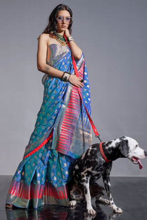 Azure Blue Handloom Weaving Silk Saree