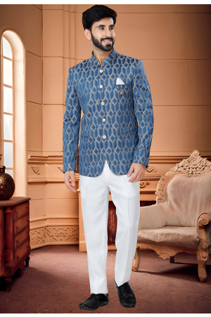 Azure Blue Jacquard Jodhpuri Suit