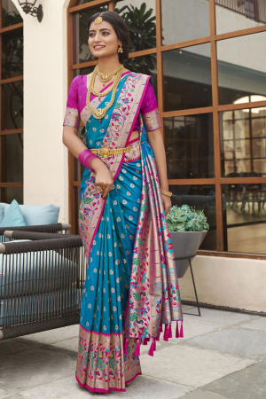 Azure Blue Kanchipuram Silk Weaving Saree