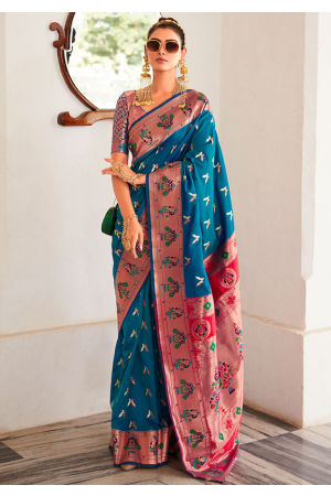 Azure Blue Paithani Silk Weaving Work Saree
