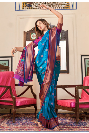 Azure Blue Paithani Silk Zari Woven Saree