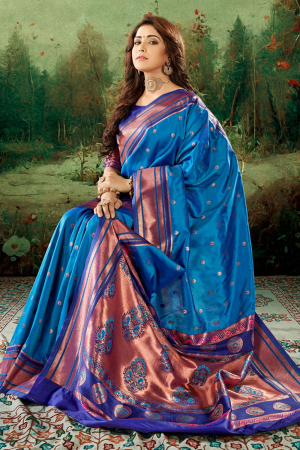 Azure Blue Paithani Silk Zari Woven Saree