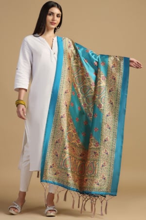 Azure Blue Printed Assam Silk Dupatta