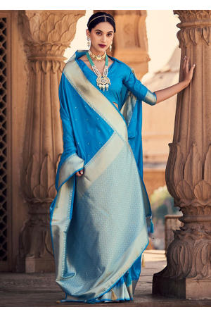 Azure Blue Pure Banarasi Satin Silk Saree