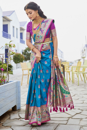 Azure Blue Pure Paithani Silk Weaving Saree
