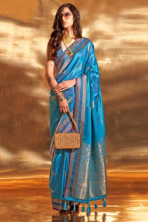 Azure Blue Pure Satin Chaap Handloom Silk Saree