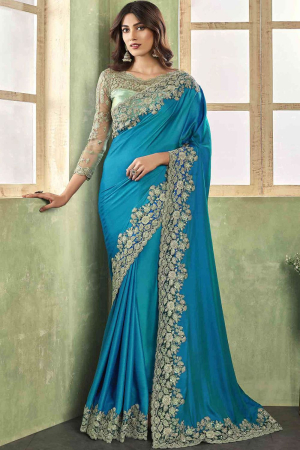 Azure Blue Silk Saree with Embroidered Blouse