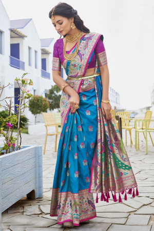 Azure Blue Woven Paithani Silk Saree